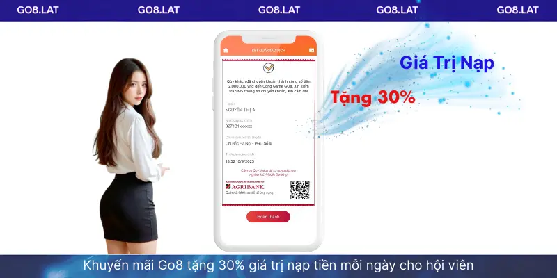 Khuyến mãi Go8 tặng 30% giá trị nạp tiền mỗi ngày cho hội viên